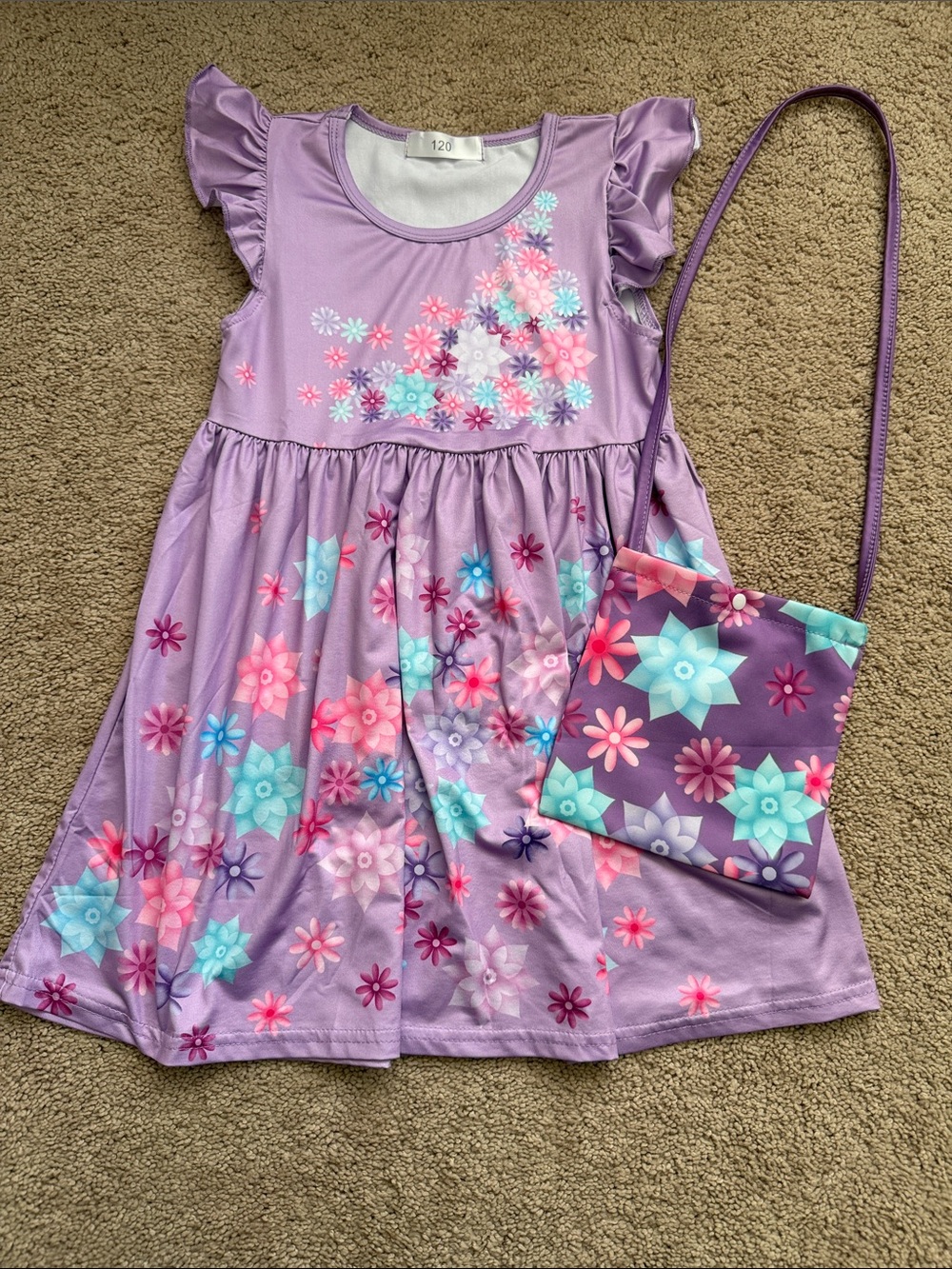 Girls Lavender Floral Flutter-Sleeve Dress with Matching Bag